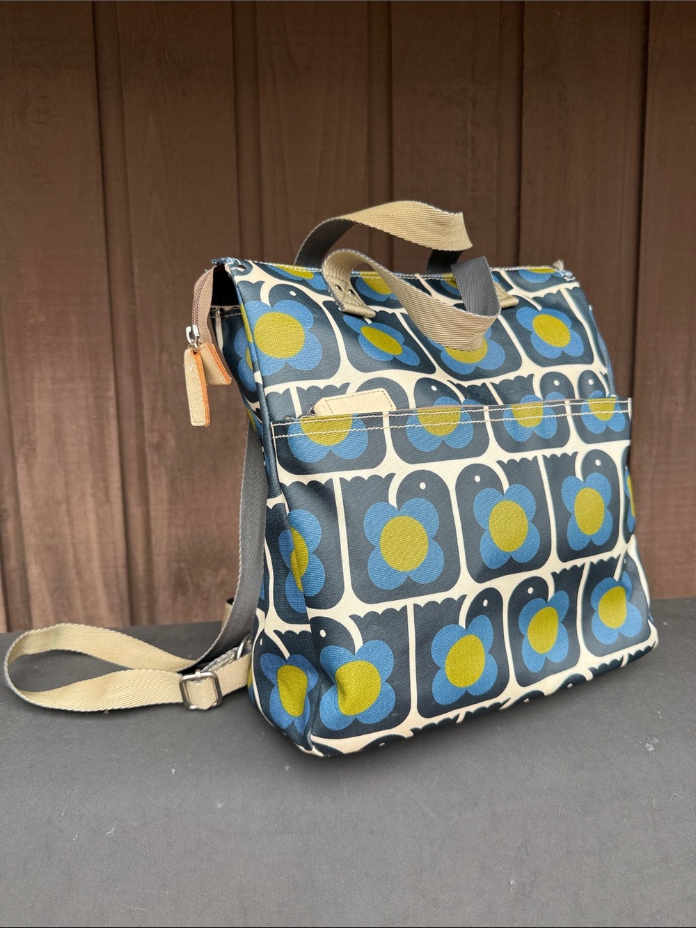 Orla Kiely Blue and Yellow Retro Floral Backpack Tote